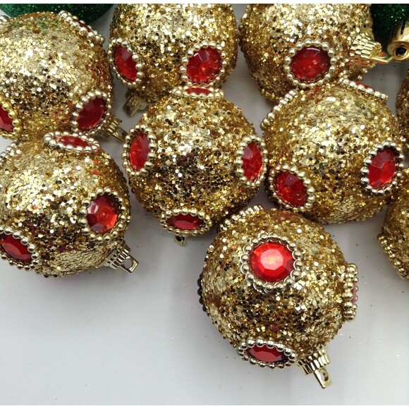 Christmas Tree Ornaments Gold & Green Glitter Shatterproof Med to Large Set / 15 - Picture 5 of 5